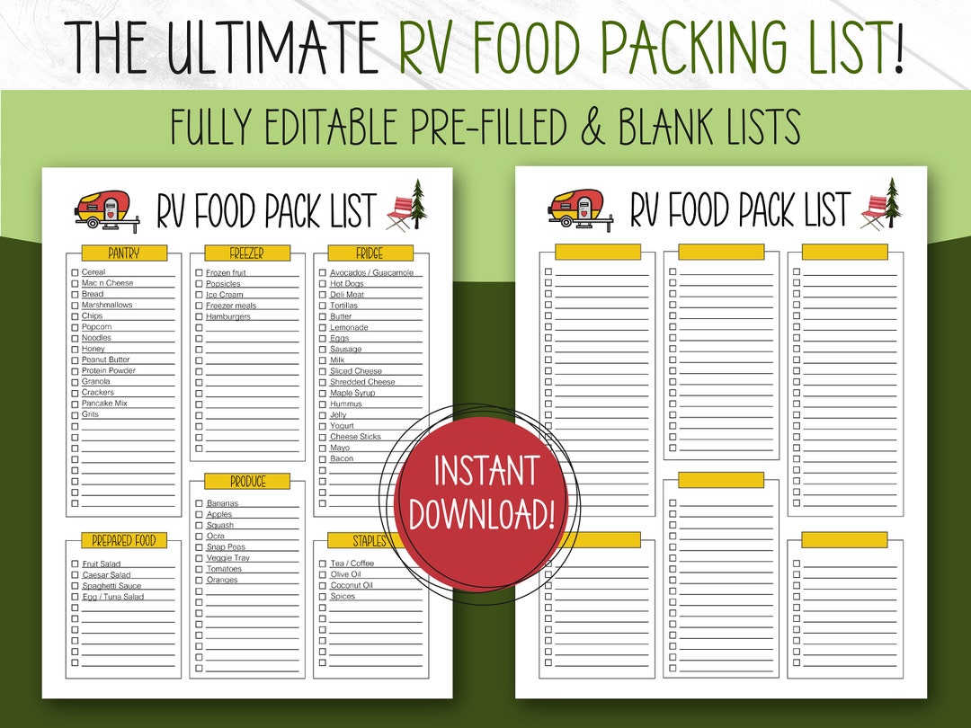 RV Food Packing List, EDITABLE, Packing List Template, Camping Pack