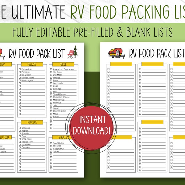 RV Food Packing List, EDITABLE, Packing List Template, Camping Pack List, RV Checklist, Packing Checklist, Camping Food List, Rv Checklists