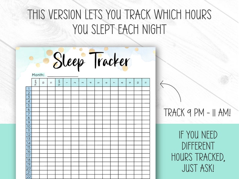 Pode incluir: Um rastreador de sono imprim&iacute;vel com um fundo de aquarela azul claro e dourado. O rastreador &eacute; projetado para rastrear as horas de sono das 21h &agrave;s 11h. O texto "Sleep Tracker" est&aacute; escrito em fonte cursiva preta. O texto "Month:" est&aacute; escrito em preto. O rastreador tem 22 linhas e 14 colunas. As colunas s&atilde;o rotuladas com as horas das 21h &agrave;s 11h. As linhas s&atilde;o rotuladas com os n&uacute;meros de 1 a 22.