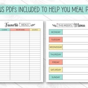 Op de afbeelding: Twee afdrukbare pagina's voor maaltijdplanning. E&eacute;n pagina is voor favoriete maaltijden, met secties voor keuken, receptnaam en bron. De andere is een weekmenu met dagen van de week en ruimte voor maaltijdplanning. Tekst bovenaan: "BONUS PDF'S INBEGREPEN OM U TE HELPEN MET MAALTIJDPLANNING!"
