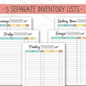 May include: Five printable inventory lists for organising kitchen items. The lists are labelled "Seasonings", "Baking Items", "Fridge", "Freezer", and "Pantry". Each list has columns for "Item", "Qty", and additional columns for "Date" or "Use By" as needed.