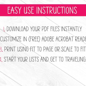 May include: Pink banner with the text "EASY USE INSTRUCTIONS" above numbered steps. Instructions include downloading PDF files, customizing in Adobe Acrobat Reader, printing, and starting lists. The background is a white wood grain.