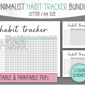 Puede incluir: Tres p&aacute;ginas de seguimiento de h&aacute;bitos imprimibles en blanco y negro con encabezados de diferentes colores. La primera p&aacute;gina tiene una lista de h&aacute;bitos para rastrear, que incluyen "Despertarse a las 5:30 am", "Beber 8 vasos de agua", "Caminar 20 minutos", "Comer una ensalada o un batido", "Despejar un &aacute;rea" y "Diario de gratitud". La segunda y tercera p&aacute;gina son rastreadores de h&aacute;bitos en blanco con el texto "habit tracker" en la parte superior.