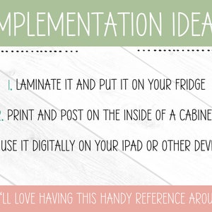 May include: A white background with a green header that says "IMPLEMENTATION IDEAS".  Below the header are three ideas for using a printable checklist: laminate it and put it on the fridge, print and post it on the inside of a cabinet, or use it digitally on an iPad or other device.  The text at the bottom of the image says "YOU'LL LOVE HAVING THIS HANDY REFERENCE AROUND!"
