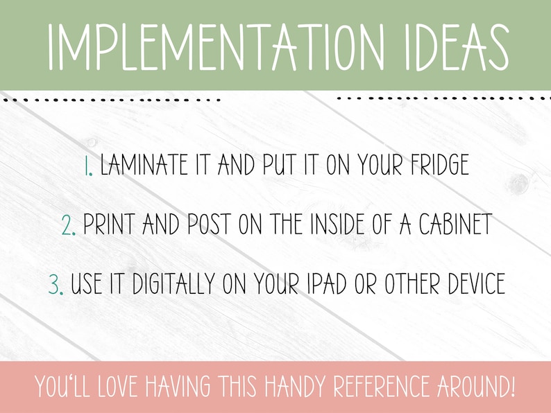 May include: A white background with a green header that says "IMPLEMENTATION IDEAS".  Below the header are three ideas for using a printable checklist: laminate it and put it on the fridge, print and post it on the inside of a cabinet, or use it digitally on an iPad or other device.  The text at the bottom of the image says "YOU'LL LOVE HAVING THIS HANDY REFERENCE AROUND!"