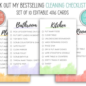 Pode incluir: Um conjunto de tr&ecirc;s listas de verifica&ccedil;&atilde;o de limpeza imprim&iacute;veis para o banheiro, a cozinha e o quarto. Cada lista de verifica&ccedil;&atilde;o est&aacute; em um cart&atilde;o com um fundo de aquarela de uma cor diferente: roxo, verde e rosa. As listas de verifica&ccedil;&atilde;o s&atilde;o edit&aacute;veis e podem ser impressas em cart&otilde;es de 4x6.