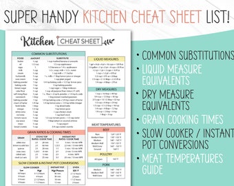 Printable Kitchen Cheat Sheet, Kitchen Substitution Chart, Kitchen Conversion Chart, Instant Pot Conversions, Meat Temperature Guide