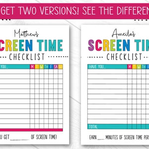 May include: Two printable checklists for tracking screen time. The checklists are titled "Matthew's Screen Time Checklist" and "Ameila's Screen Time Checklist". Each checklist has a column for each day of the week and a section for recording the total screen time earned.