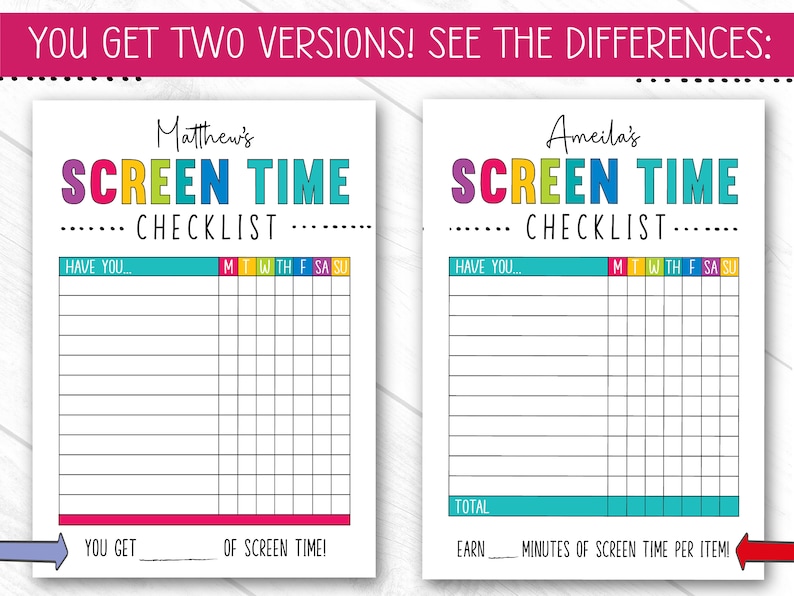 May include: Two printable checklists for tracking screen time. The checklists are titled "Matthew's Screen Time Checklist" and "Ameila's Screen Time Checklist". Each checklist has a column for each day of the week and a section for recording the total screen time earned.