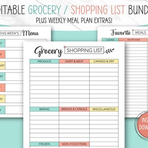 Op de afbeelding: Een bundel afdrukbare boodschappen- en boodschappenlijstsjablonen. De sjablonen bevatten een weekmenu, een boodschappenlijst en een lijst met favoriete maaltijden. De lijsten hebben kleurgecodeerde secties voor eenvoudige organisatie en bevatten de tekst "Direct downloaden".