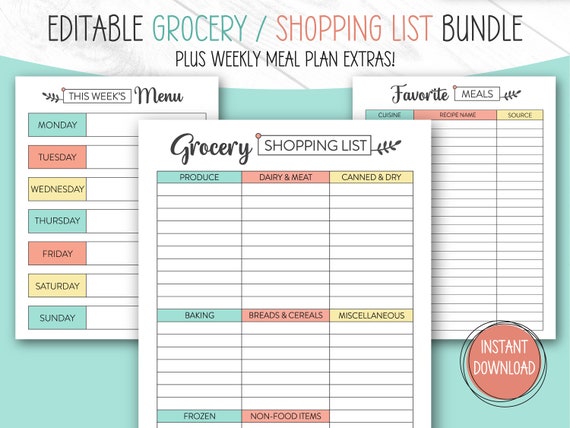 Grocery List Printable, EDITABLE, Shopping List, Grocery List, Weekly Meal Planner Printable, Printable Grocery List, Shopping Lists