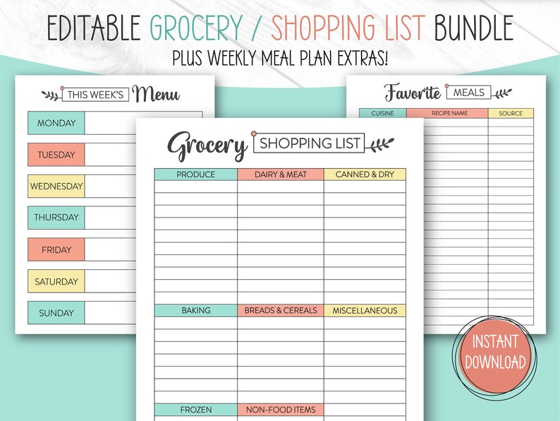 Op de afbeelding: Een bundel afdrukbare boodschappen- en boodschappenlijstsjablonen. De sjablonen bevatten een weekmenu, een boodschappenlijst en een lijst met favoriete maaltijden. De lijsten hebben kleurgecodeerde secties voor eenvoudige organisatie en bevatten de tekst "Direct downloaden".