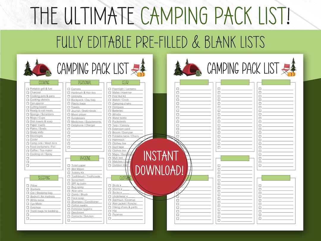 Camping Packing List, EDITABLE, PRINTABLE, Packing List Template, Packing Lists, Camp Packing List, Packing Checklist, Camping Pack List - Etsy camping-packing-list-editable-printable-packing-list-template-packing-lists-camp-packing-list-packing-checklist-camping-pack-list-etsy