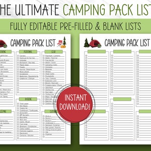 Camping Packing List, EDITABLE, PRINTABLE, Packing List Template, Packing Lists, Camp Packing List, Packing Checklist, Camping Pack List