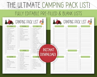 Camping Packing List, EDITABLE, PRINTABLE, Packing List Template, Packing Lists, Camp Packing List, Packing Checklist, Camping Pack List