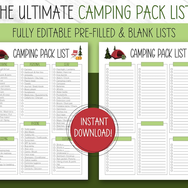 Camping Paklijst, BEWERKBAAR, AFDRUKBAAR, Paklijst Sjabloon, Paklijsten, Kamp Paklijst, Paklijst, Camping Pack List