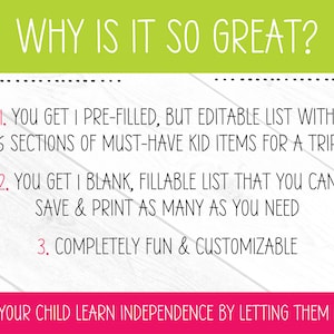 May include: A graphic with text that reads "WHY IS IT SO GREAT?" and lists the benefits of a product. The text includes "pre-filled, but editable list," "blank, fillable list," and "completely fun & customizable."