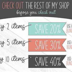 May include: A graphic with three discount offers for buying multiple items. The first offer is buy 2 items, save 20% with code "BUNDLE2". The second offer is buy 5 items, save 30% with code "BUNDLE5". The third offer is buy 10 items, save 40% with code "BUNDLE10".