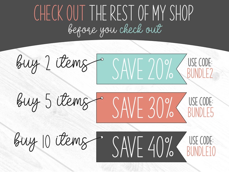 May include: A graphic with three discount offers for buying multiple items. The first offer is buy 2 items, save 20% with code "BUNDLE2". The second offer is buy 5 items, save 30% with code "BUNDLE5". The third offer is buy 10 items, save 40% with code "BUNDLE10".