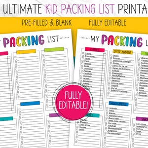 Packing List, EDITABLE Packing List, PRINTABLE, Packing List Template, Packing List Downloadable, Packing List for Kids, Packing Checklist