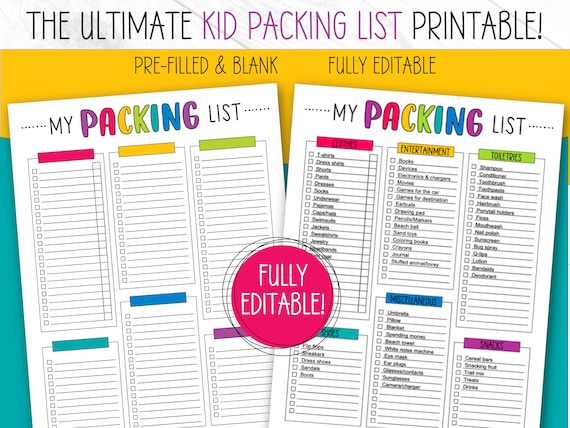 packing list editable printable packing list template etsy