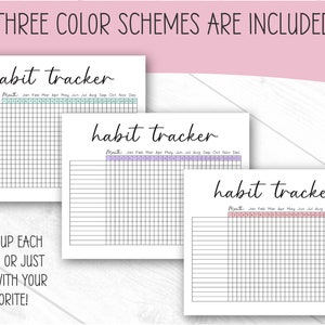 Puede incluir: Tres p&aacute;ginas imprimibles de seguimiento de h&aacute;bitos con diferentes esquemas de colores. Las p&aacute;ginas est&aacute;n etiquetadas como "habit tracker" e incluyen un calendario mensual con espacios para cada d&iacute;a. Los esquemas de colores son verde azulado, morado y rosa.