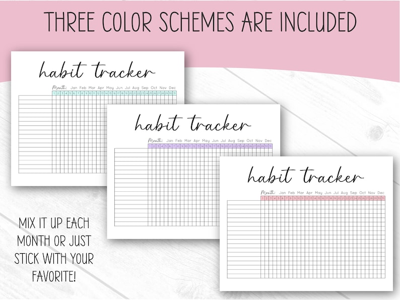 Puede incluir: Tres p&aacute;ginas imprimibles de seguimiento de h&aacute;bitos con diferentes esquemas de colores. Las p&aacute;ginas est&aacute;n etiquetadas como "habit tracker" e incluyen un calendario mensual con espacios para cada d&iacute;a. Los esquemas de colores son verde azulado, morado y rosa.