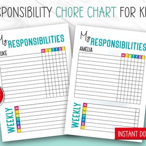 Responsibility Chore Chart for Kid, Kids Chore Checklist, EDITABLE, Chore Chart Printable, Chores List, Multiple Kids, PDF, For Kids