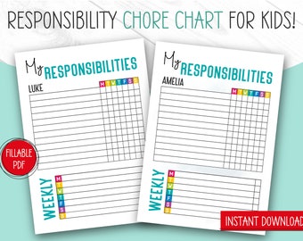 Responsibility Chore Chart for Kid, Kids Chore Checklist, EDITABLE, Chore Chart Printable, Chores List, Multiple Kids, PDF, For Kids