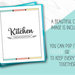 May include: A printable kitchen organisation binder cover with a turquoise border and a colourful striped design. The cover features the text "Kitchen Organisation" in a handwritten font.