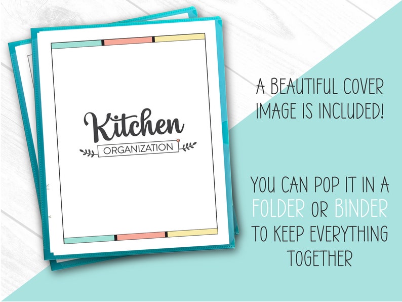 May include: A printable kitchen organisation binder cover with a turquoise border and a colourful striped design. The cover features the text "Kitchen Organisation" in a handwritten font.