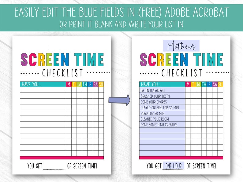 May include: A printable screen time checklist for kids. The checklist has a colorful design with the words "Screen Time Checklist" at the top. The checklist includes a list of tasks to complete, such as "Eaten Breakfast", "Brushed Your Teeth", and "Done Your Chores". The checklist also includes a section for the child to track their screen time.