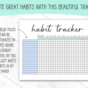 Puede incluir: Un rastreador de h&aacute;bitos imprimible con un esquema de color azul y blanco. El rastreador tiene una secci&oacute;n para cada mes del a&ntilde;o y una cuadr&iacute;cula para marcar los h&aacute;bitos diarios. El texto "habit tracker" est&aacute; escrito en cursiva negra en la parte superior de la p&aacute;gina. El texto "Month: Jan Feb Mar Apr May Jun Jul Aug Sep Oct Nov Dec" est&aacute; escrito en negro en la parte superior de la cuadr&iacute;cula. Los n&uacute;meros del 1 al 31 est&aacute;n escritos en negro en la parte superior de la cuadr&iacute;cula.