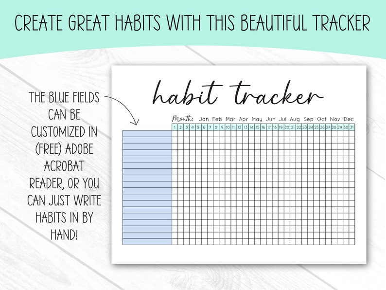 Puede incluir: Un rastreador de h&aacute;bitos imprimible con un esquema de color azul y blanco. El rastreador tiene una secci&oacute;n para cada mes del a&ntilde;o y una cuadr&iacute;cula para marcar los h&aacute;bitos diarios. El texto "habit tracker" est&aacute; escrito en cursiva negra en la parte superior de la p&aacute;gina. El texto "Month: Jan Feb Mar Apr May Jun Jul Aug Sep Oct Nov Dec" est&aacute; escrito en negro en la parte superior de la cuadr&iacute;cula. Los n&uacute;meros del 1 al 31 est&aacute;n escritos en negro en la parte superior de la cuadr&iacute;cula.