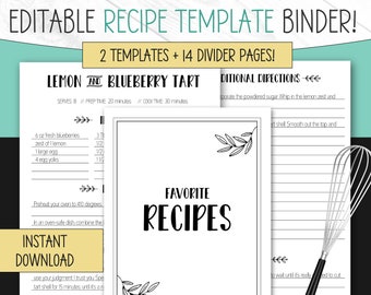 Recipe Binder Template, EDITABLE, Printable Recipe Template, Recipe Binder Template and Dividers, Recipe Template, Recipe Book Template