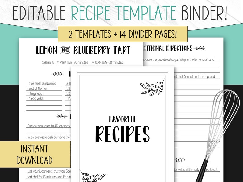 Recipe Binder Template, EDITABLE, Printable Recipe Template, Recipe Binder Template and Dividers, Recipe Template, Recipe Book Template 