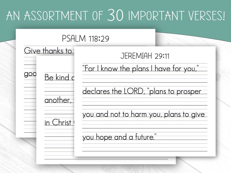 May include: White cards with handwritten Bible verses, including Psalm 118:29 and Jeremiah 29:11. The text "AN ASSORTMENT OF 30 IMPORTANT VERSES!" is at the top. The cards are on a white wooden surface.