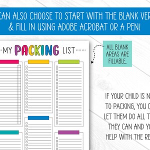 May include: A printable packing list with the title "MY PACKING LIST" in colorful letters. The list has multiple sections with checkboxes and the text "YOU CAN ALSO CHOOSE TO START WITH THE BLANK VERSION & FILL IN USING ADOBE ACROBAT OR A PEN!"
