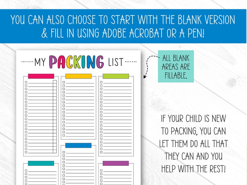 May include: A printable packing list with the title "MY PACKING LIST" in colorful letters. The list has multiple sections with checkboxes and the text "YOU CAN ALSO CHOOSE TO START WITH THE BLANK VERSION & FILL IN USING ADOBE ACROBAT OR A PEN!"