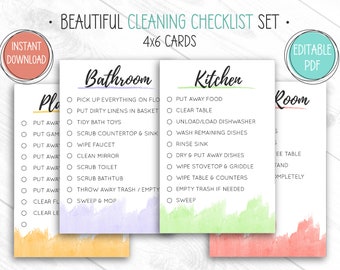Könnte beinhalten: Ein Satz von drei druckbaren Reinigungs-Checklisten für Badezimmer, Küche und Zimmer. Jede Checkliste hat einen Aquarellhintergrund in einer anderen Farbe: Lila, Grün und Rosa. Die Checklisten sind mit dem Raumnamen beschriftet und enthalten eine Liste von Reinigungsaufgaben.