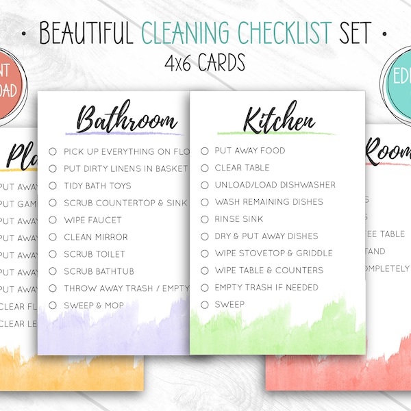 Tarjetas de limpieza de habitaciones, EDITABLE, IMPRIMIBLE, Zonas de la casa, Lista de verificación de tareas para niños, Lista de responsabilidades, Cocina, Baño, Dormitorio, Cómo