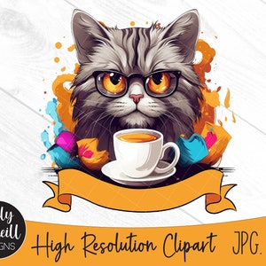 Cat Clipart | Cat PNG | Funny Clipart | PNG files | Sublimation Designs | Cute Cat | Coffee Clipart | Cat Drinking Coffee | Cat Sublimation