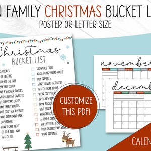 May include: A printable Christmas bucket list with a red and white color scheme. The list includes activities like baking cookies, ice skating, decorating the tree, and watching Christmas movies. Two free calendars are included, one for November and one for December.