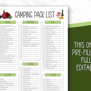 May include: A printable camping checklist with categories for cooking, personal items, gear, hygiene, sleeping, and clothing. The checklist is pre-filled and fully editable.