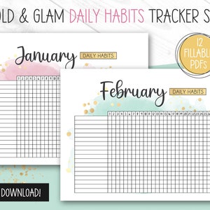 Könnte beinhalten: Ein Set mit 12 druckbaren täglichen Gewohnheitstrackern für Januar bis Dezember. Die Tracker haben einen Aquarellhintergrund mit goldenen Glitzerakzenten. Der Text "GOLD & GLAM DAILY HABITS TRACKER SET" befindet sich oben im Bild. Der Text "12 FILLABLE PDFS" befindet sich in einem goldenen Kreis oben rechts im Bild. Der Text "INSTANT DOWNLOAD!" befindet sich unten links im Bild.
