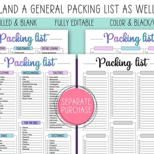 May include: A printable packing list template with three columns. The top section has the title "Packing List" in a colorful gradient. The bottom section has a list of items to pack, including clothing, toiletries, miscellaneous items, shoes, electronics, and items for kids. The template is available in pre-filled and blank versions, as well as color and black and white.