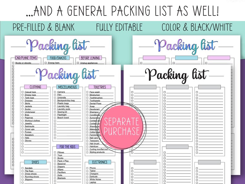 May include: A printable packing list template with three columns. The top section has the title "Packing List" in a colorful gradient. The bottom section has a list of items to pack, including clothing, toiletries, miscellaneous items, shoes, electronics, and items for kids. The template is available in pre-filled and blank versions, as well as color and black and white.