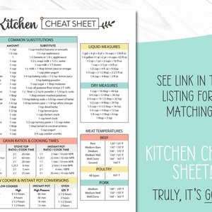 Op de afbeelding: Een turquoise keuken cheat sheet met veelvoorkomende voedselvervangingen, vloeibare en droge maten, vleestemperaturen en kooktijden voor granen. Bevat de tekst "Kitchen Cheat Sheet!" en een link.
