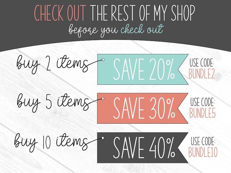 Op de afbeelding: Promotionele afbeelding met tekst: "CHECK OUT THE REST OF MY SHOP before you check out." Aanbiedingen zijn: Koop 2 items, bespaar 20%; Koop 5 items, bespaar 30%; Koop 10 items, bespaar 40%.