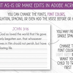 May include: A printable worksheet with the text "JOHN 3:16" and a Bible verse. The worksheet has lined spaces for writing and instructions to edit fonts, colors, and spacing. The text encourages tracing for children.